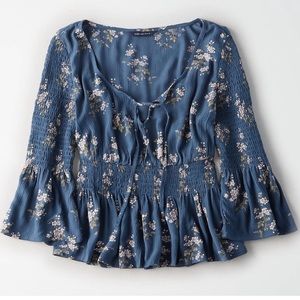 American Eagle Smocked Peasant Blouse Floral - Medium